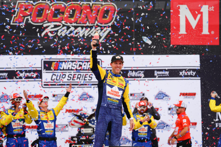 Denny Hamlin wins the NASCAR Cup race at Pocono for his third straight victory